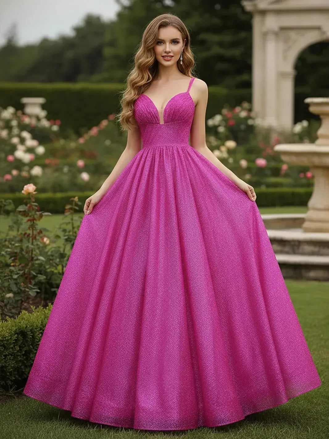 Dazzling A-Line Sweetheart Sleeveless Glitter Sparkle Fuchsia Floor-Length Prom Dresses Women's Gown