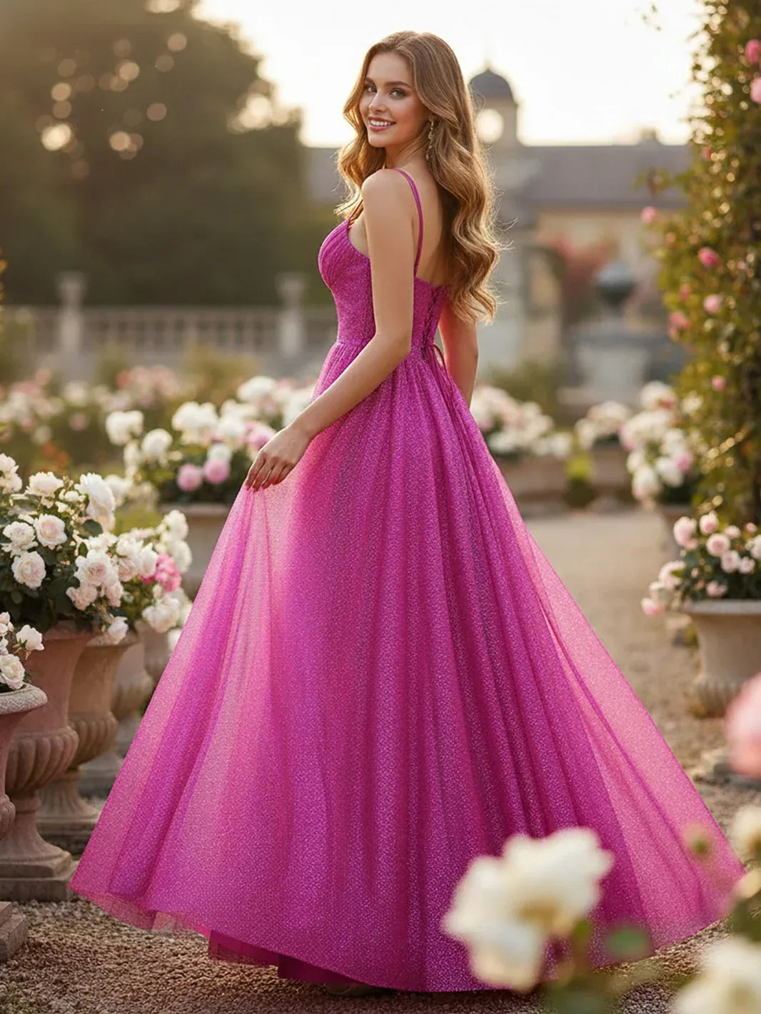Dazzling A-Line Sweetheart Sleeveless Glitter Sparkle Fuchsia Floor-Length Prom Dresses Women's Gown