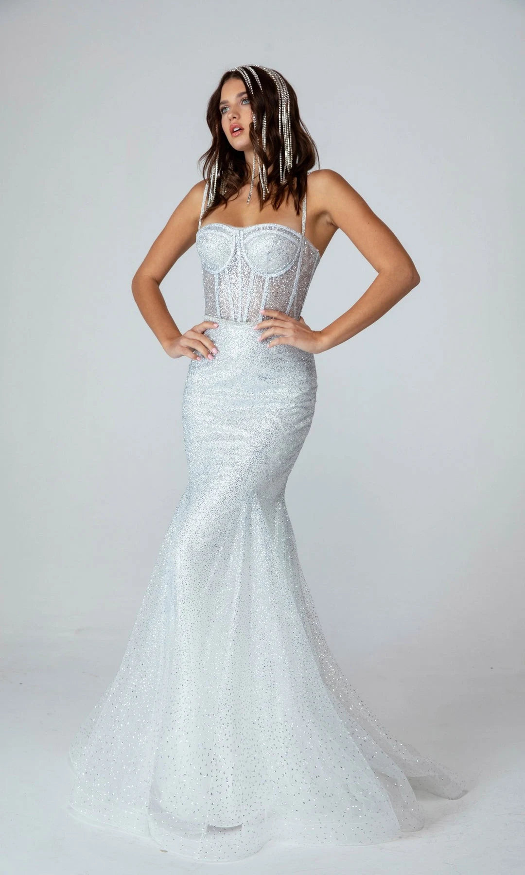 Dazzling Mermaid Sweetheart Sleeveless Corset Glitter Silver Prom Dresses Women Gown