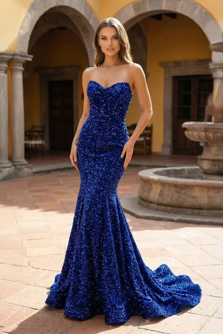 Dazzling Mermaid Sweetheart Sleeveless Sequin Royal Blue Floor-Length Prom Gown