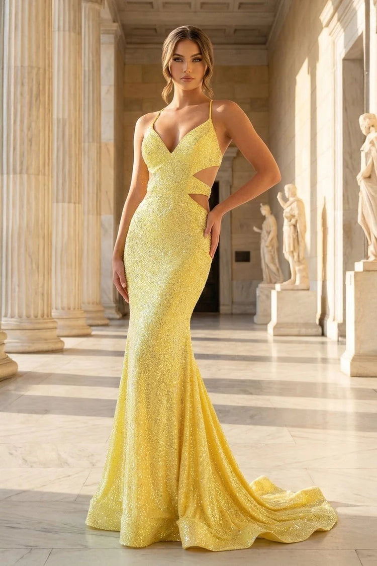 Dazzling Mermaid V-Neck Sleeveless Cutout Backless Yellow Floor-Length Prom Gown