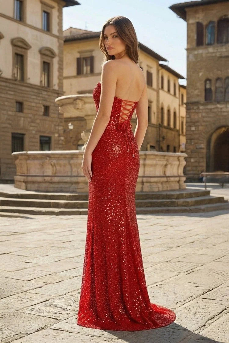 Dazzling Sheath Strapless Sleeveless Sequin High Slit Red Floor-Length Prom Dresses Women's Gown