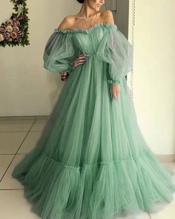 Dreamy A-Line OffShoulder Puff Sleeve Plain Back Floor Length Formal Evening Dress