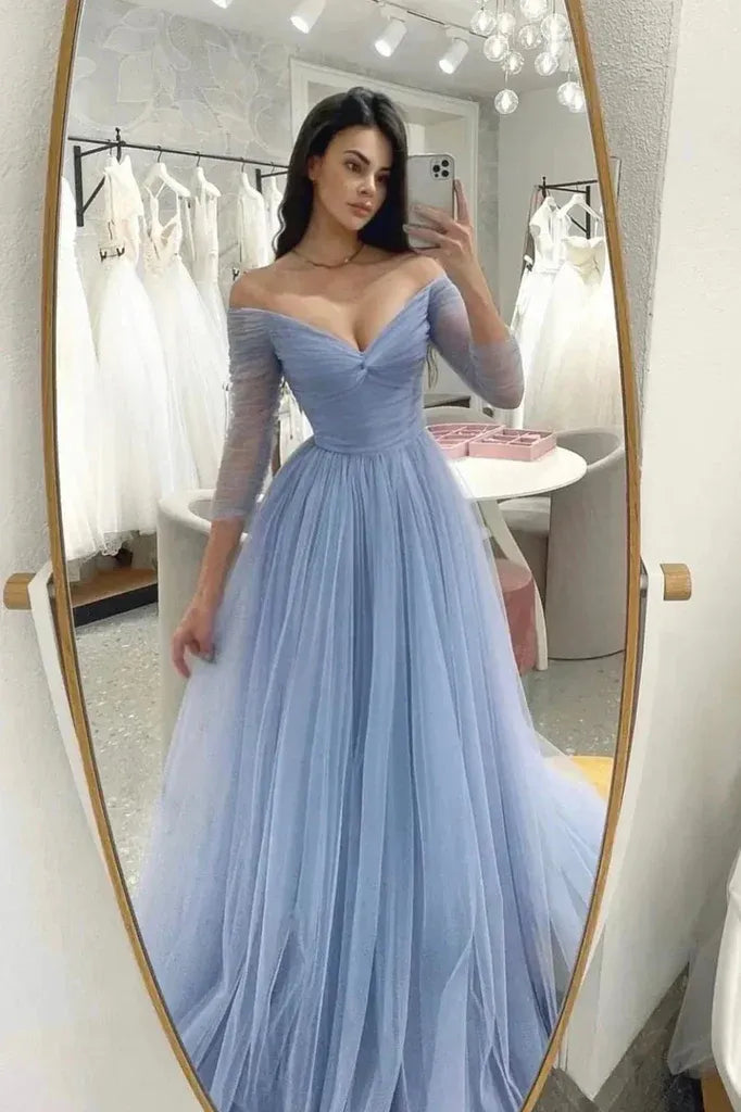 Dreamy A-Line OffShoulder ThreeQuarter Sleeve Plain Back Floor Length Formal Evening Dress