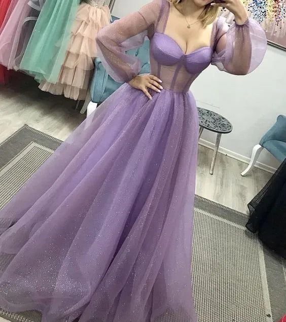 Dreamy A-Line Sweetheart Long Sleeve Plain Back Floor Length Formal Evening Dress