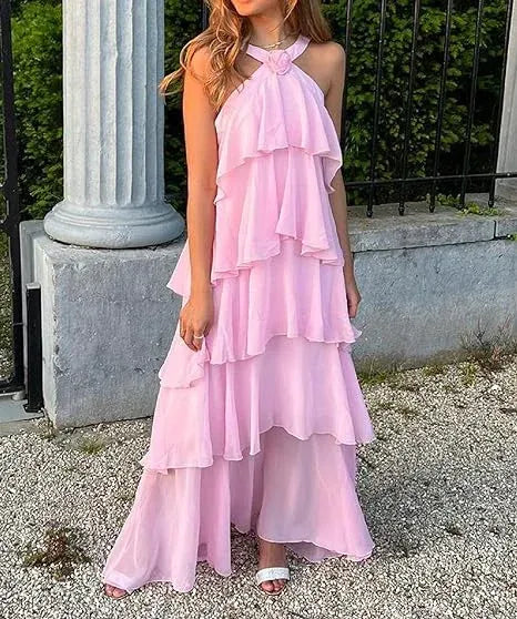 Dreamy Halter 3D Flower Open Back Multi-Tier Ruffle Chiffon Floor-Length Evening Dress
