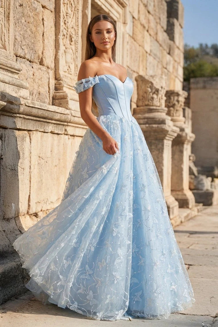 Dreamy A-Line Off-Shoulder Floral Corset Light Blue Floor-Length Prom Gown