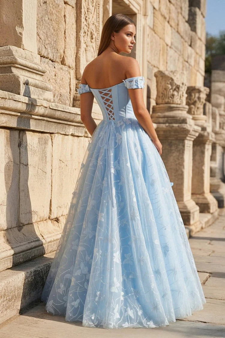 Dreamy A-Line Off-Shoulder Floral Corset Light Blue Floor-Length Prom Gown
