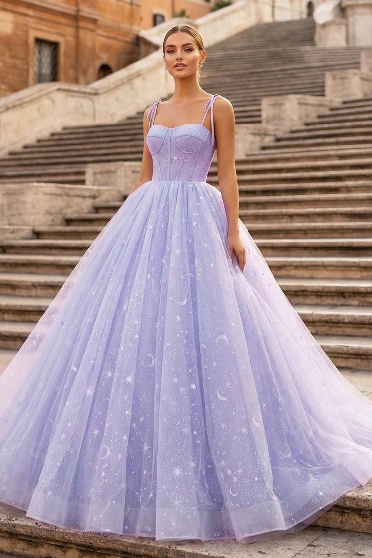 Dreamy Ball Gown Sweetheart Strappy Starry Corset Lavender Floor-Length Prom Dress