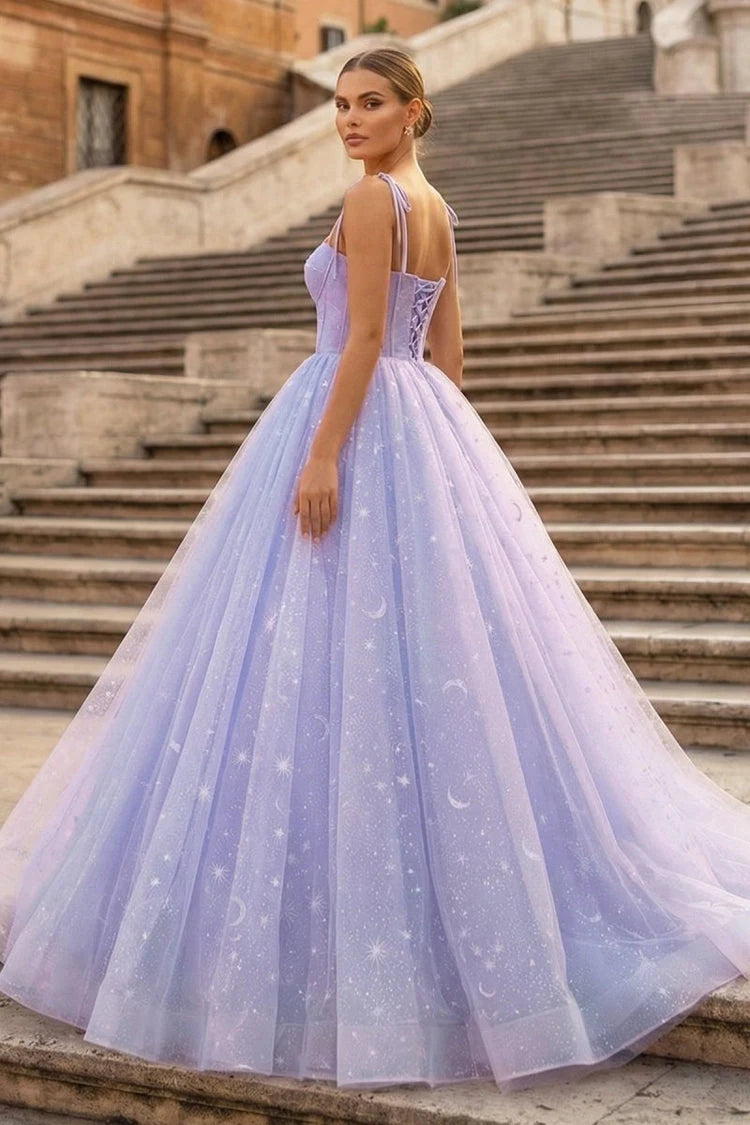 Dreamy Ball Gown Sweetheart Strappy Starry Corset Lavender Floor-Length Prom Dress