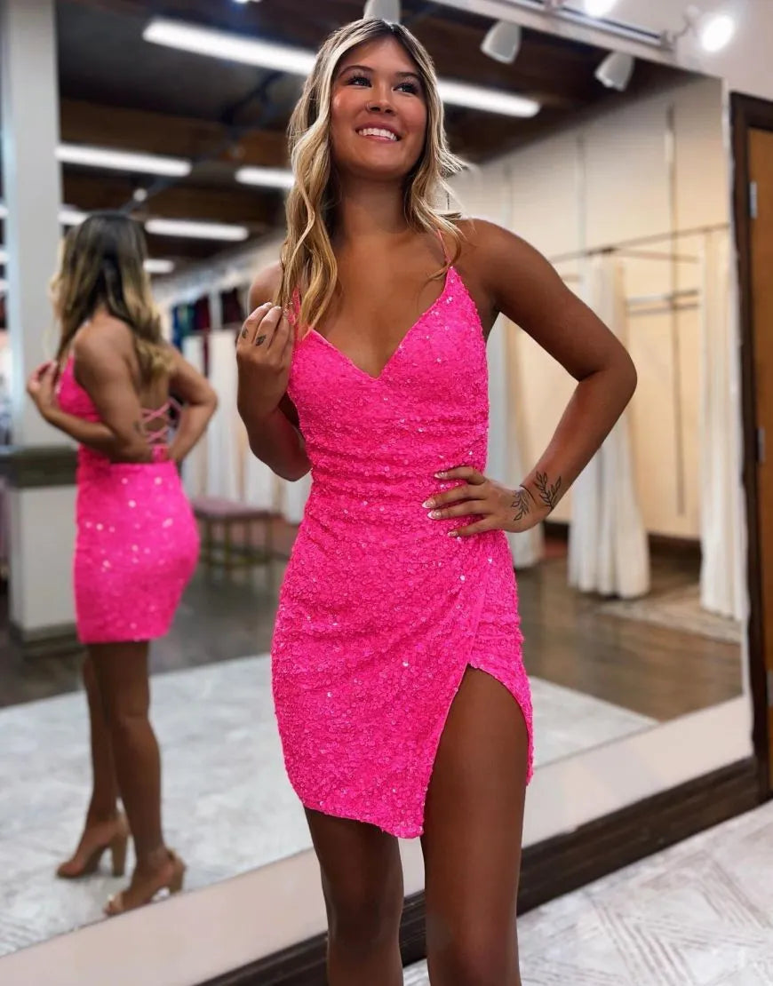 Wholesa Sequin Corset Back Short Homecoming Dress With Split