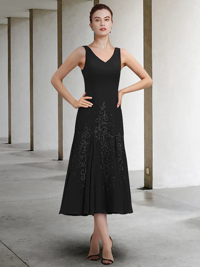 Wholesa Two Piece A-Line Mother of the Bride Dress Elegant V Neck Tea Length Chiffon Long Sleeve with Beading