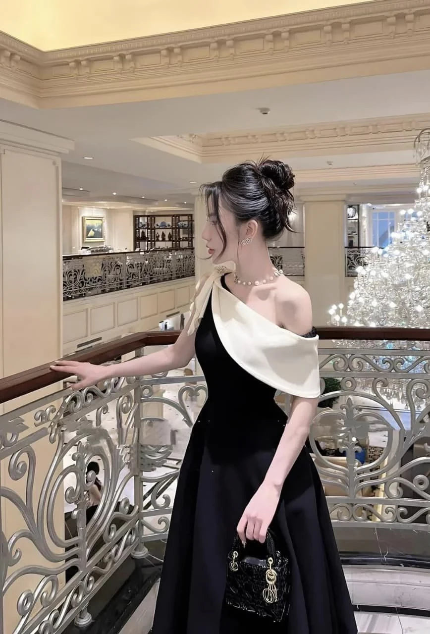 Elegant A-Line Asymmetrical-Shoulder Single-Sleeve Midi-Length Evening Dress