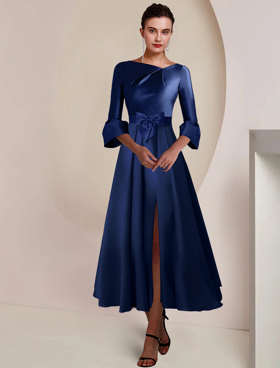 Elegant A-Line Bateau Neck 3/4 Sleeve Satin Tea Length Dress, front view on model.