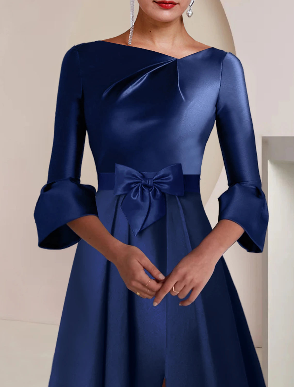 Elegant A-Line Bateau Neck 3/4 Sleeve Satin Tea Length Dress, back view on model.