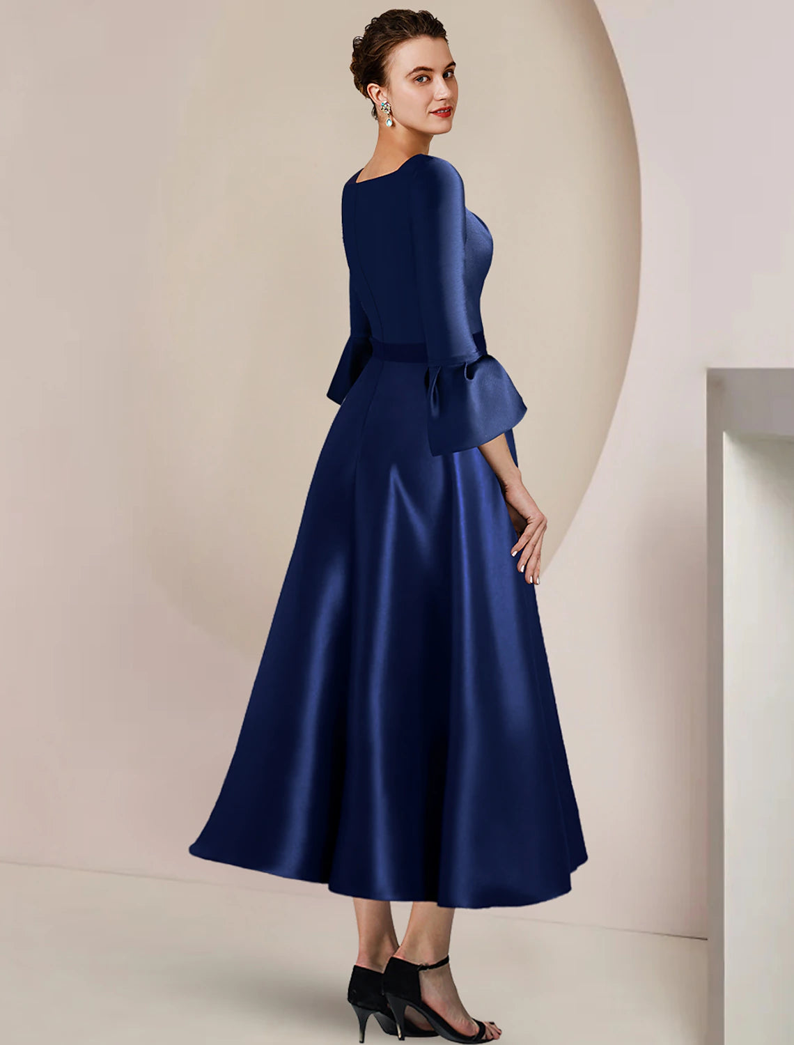 Elegant A-Line Bateau Neck 3/4 Sleeve Satin Tea Length Dress, showcasing bow and split front details.