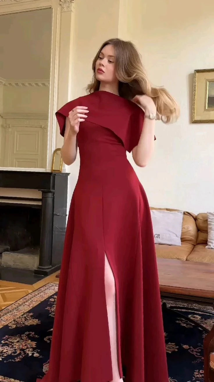 Elegant A-Line Bateau Neck Cape Sleeve High Slit Maxi Evening Dress