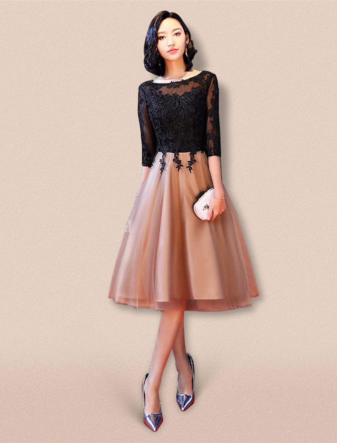 Elegant A-Line Lace Cocktail Dress, front view.