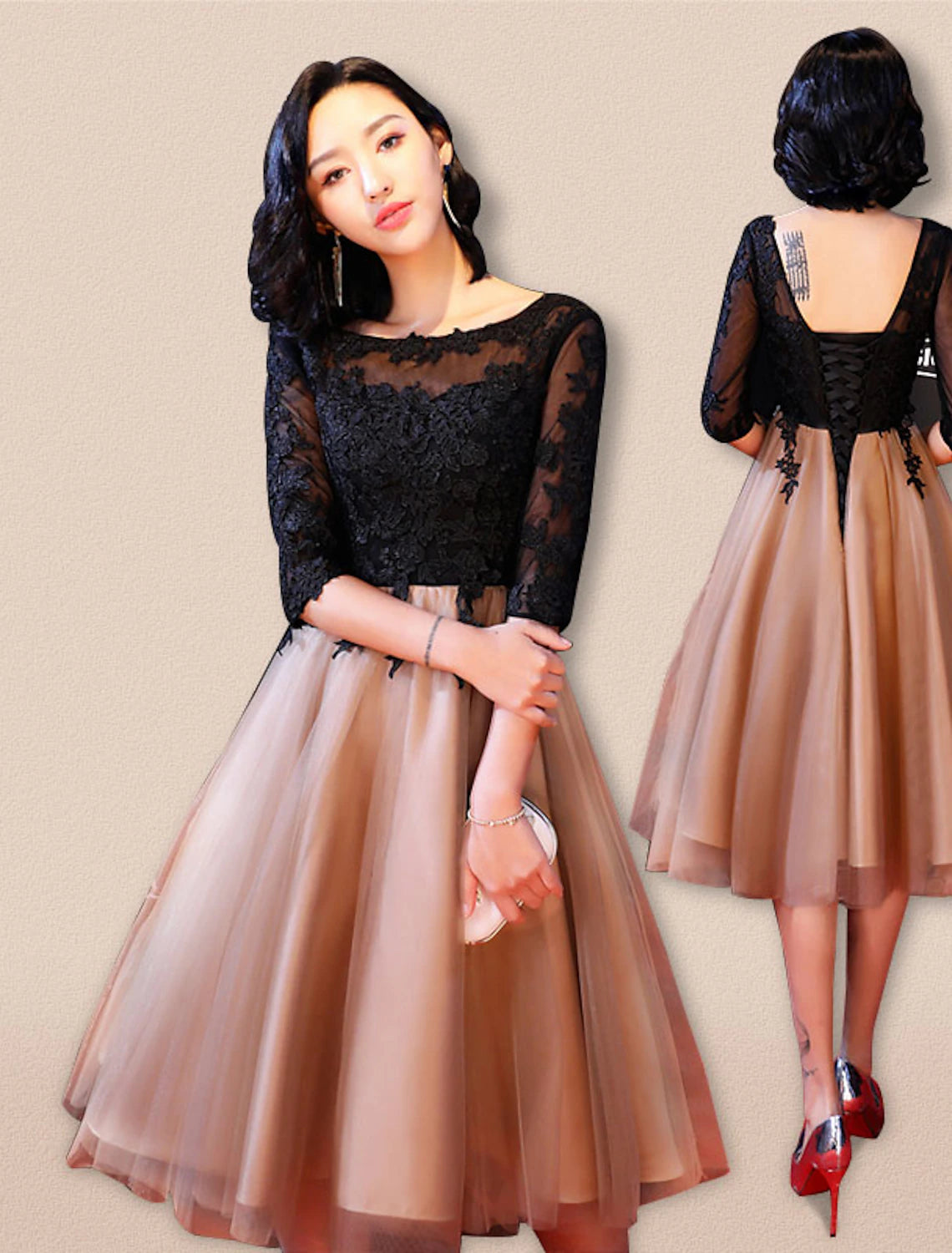 A-Line Boat Neck Half Sleeve Cocktail Dress, side view.