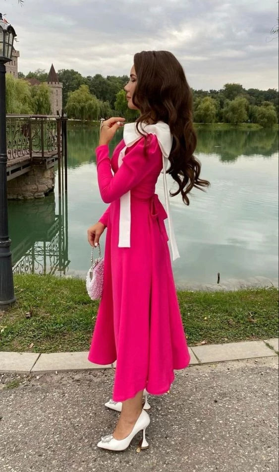 Elegant A-Line Boat Neck Long-Sleeve Open Back Bow Detail Midi Evening Dress