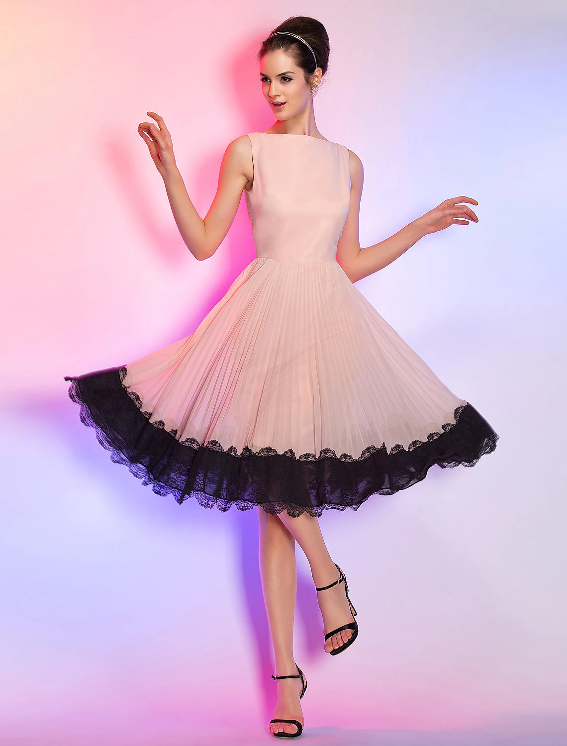 Elegant A-Line Boat Neck Vintage Lace Pink Knee Length Homecoming Dress.