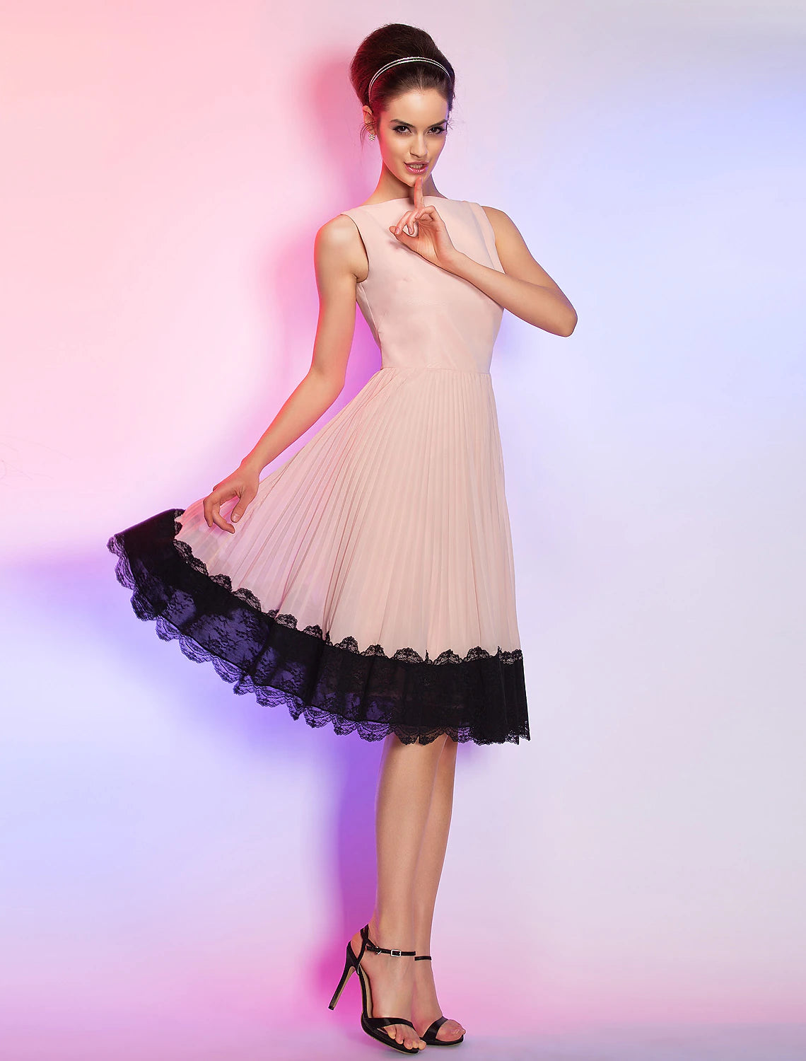 Elegant A-Line Boat Neck Vintage Lace Pink Knee Length Homecoming Dress.