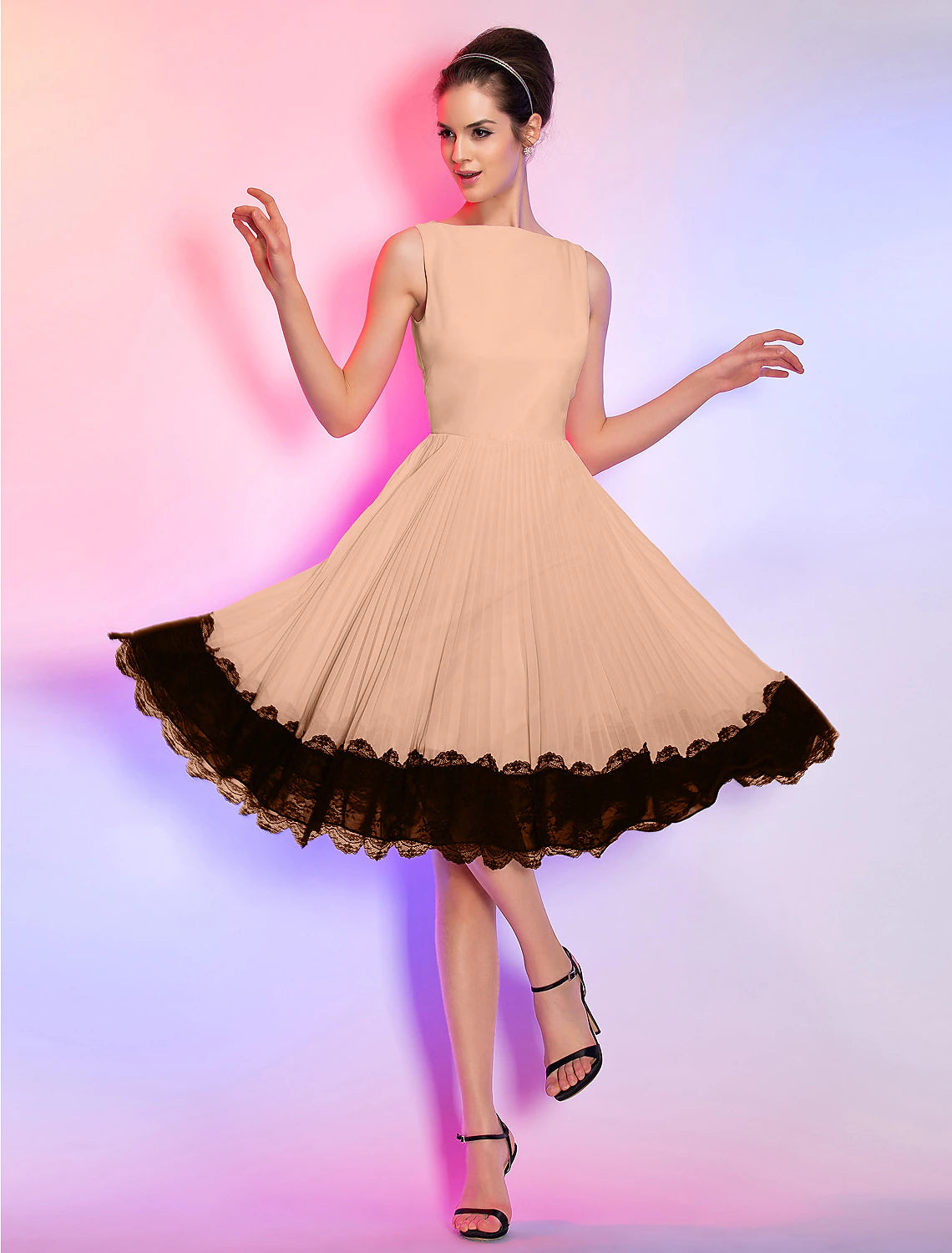 Elegant A-Line Boat Neck Vintage Lace Pink Knee Length Homecoming Dress.