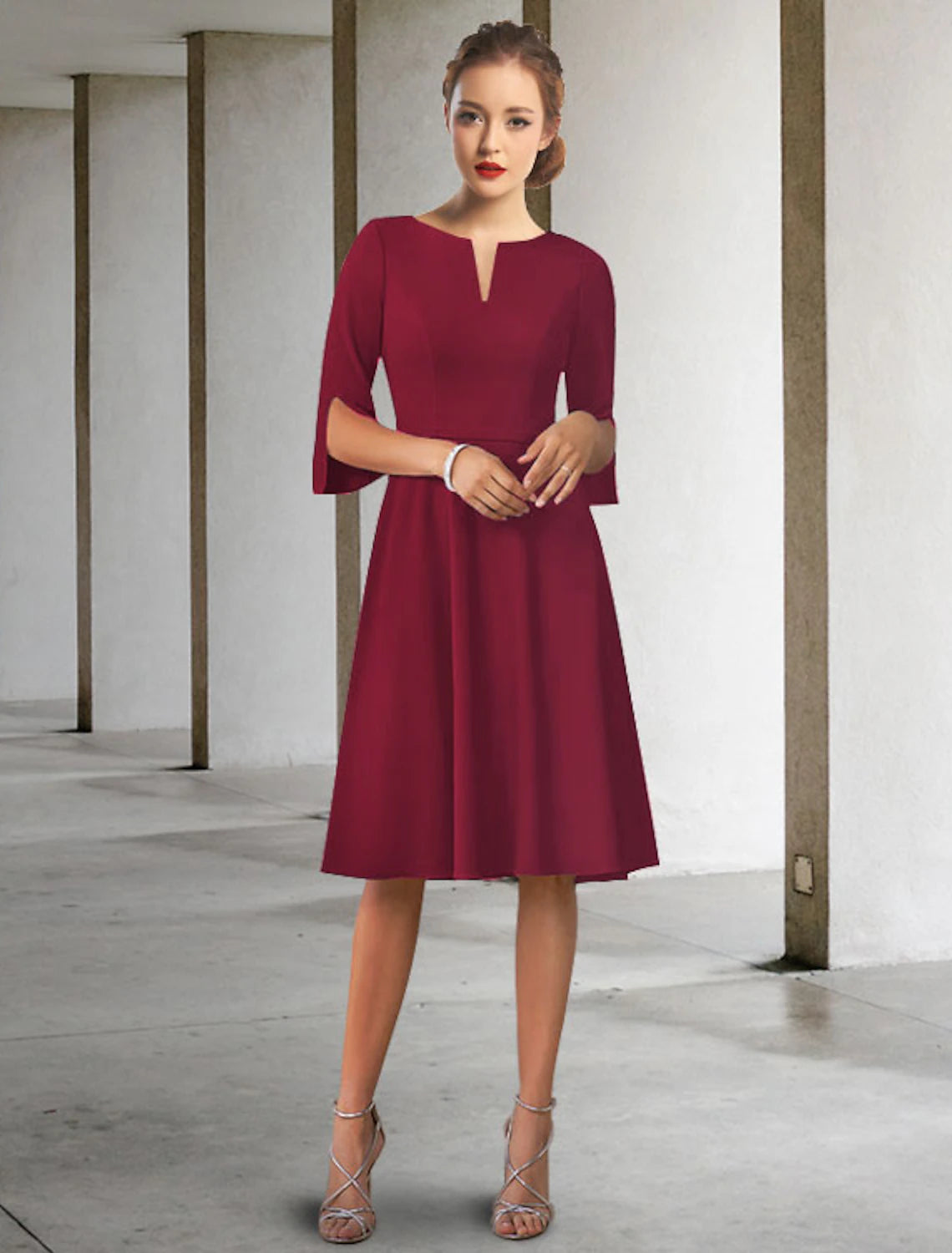 Elegant A-Line Chiffon Jewel Neck Half Sleeve Knee-Length Mother of the Bride Dress.