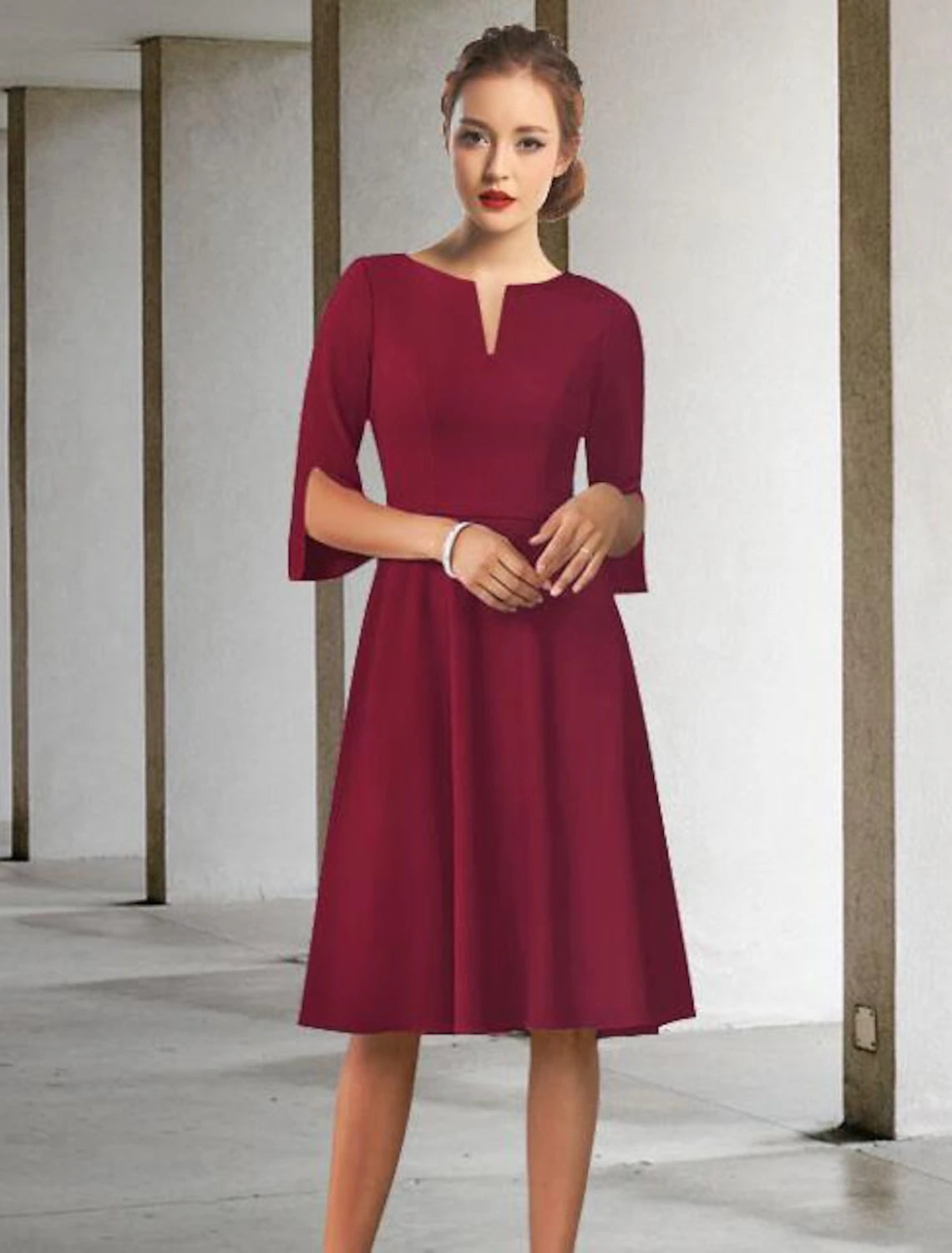 Elegant A-Line Chiffon Jewel Neck Half Sleeve Knee-Length Mother of the Bride Dress.