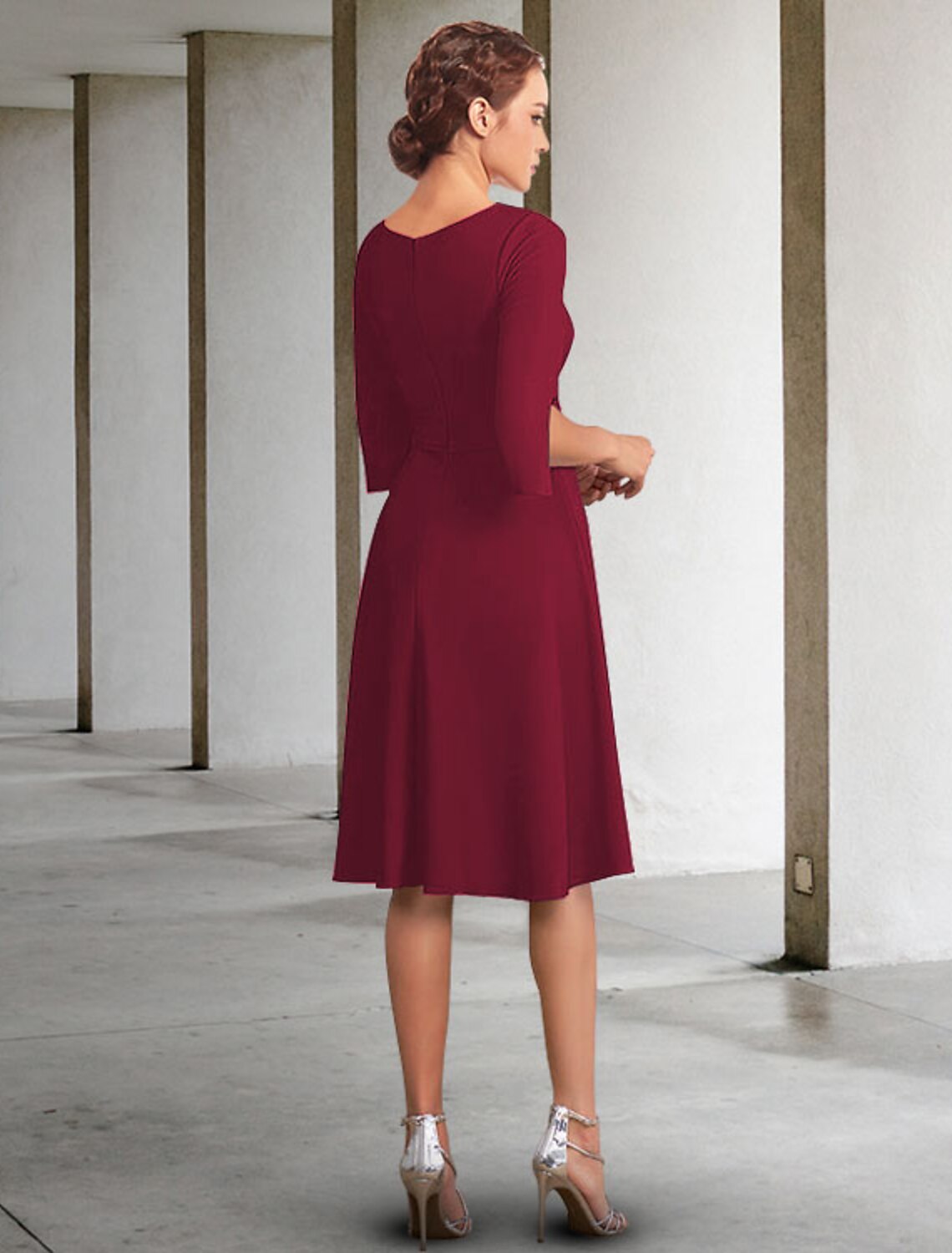 Elegant A-Line Chiffon Jewel Neck Half Sleeve Knee-Length Mother of the Bride Dress.