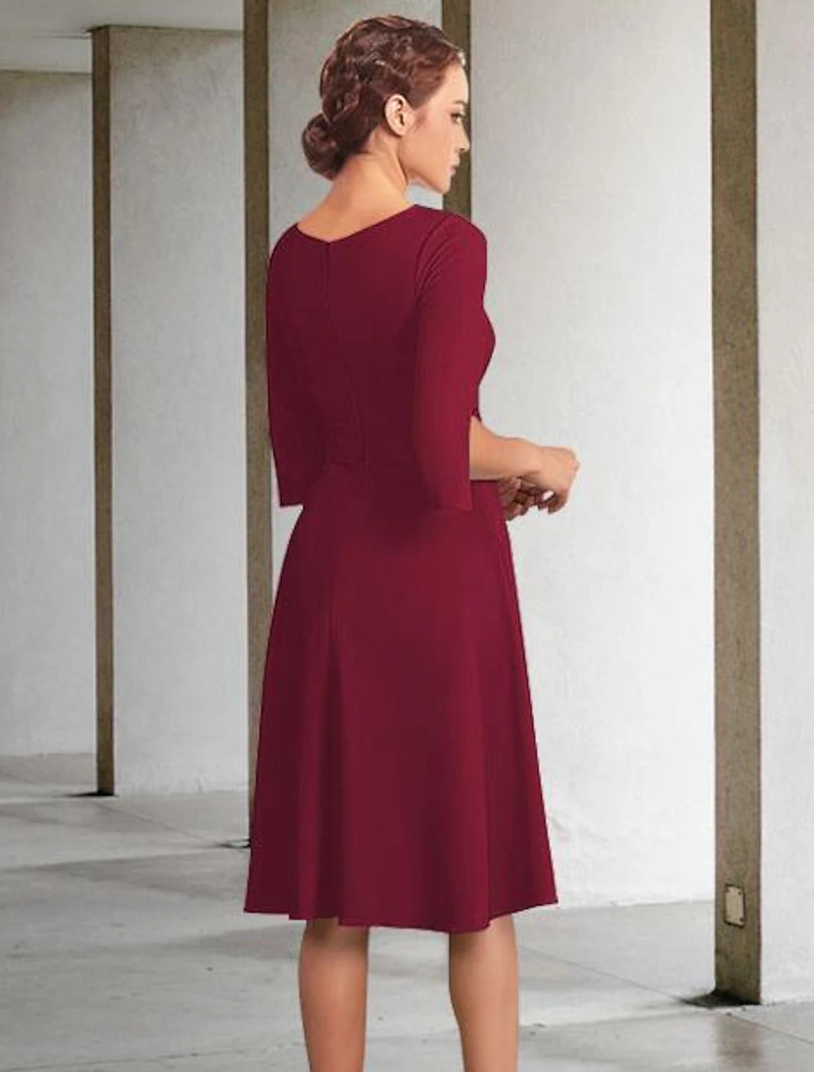 Elegant A-Line Chiffon Jewel Neck Half Sleeve Knee-Length Mother of the Bride Dress.