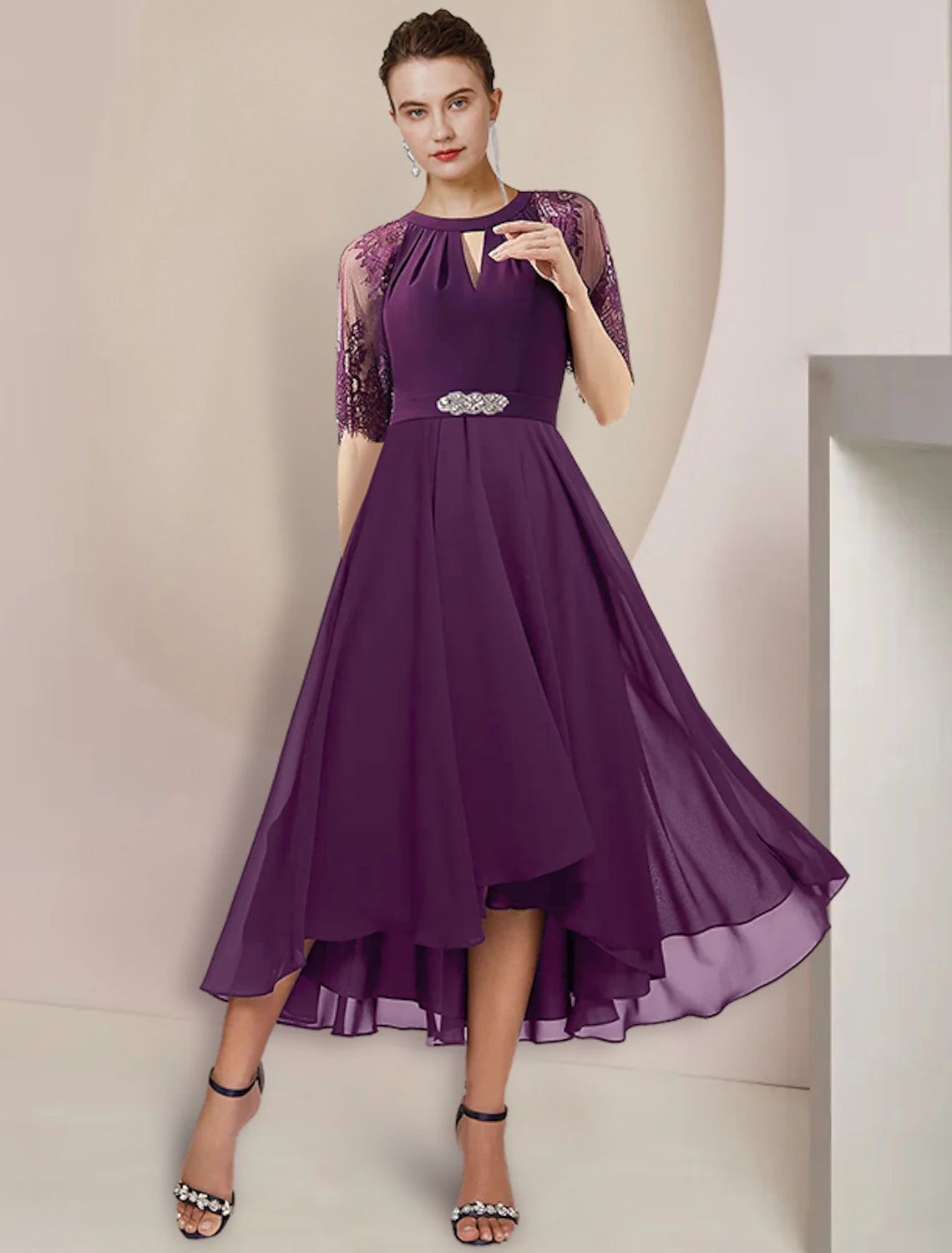 Elegant A-Line Chiffon Lace Tea Length Mother of the Bride Dress.