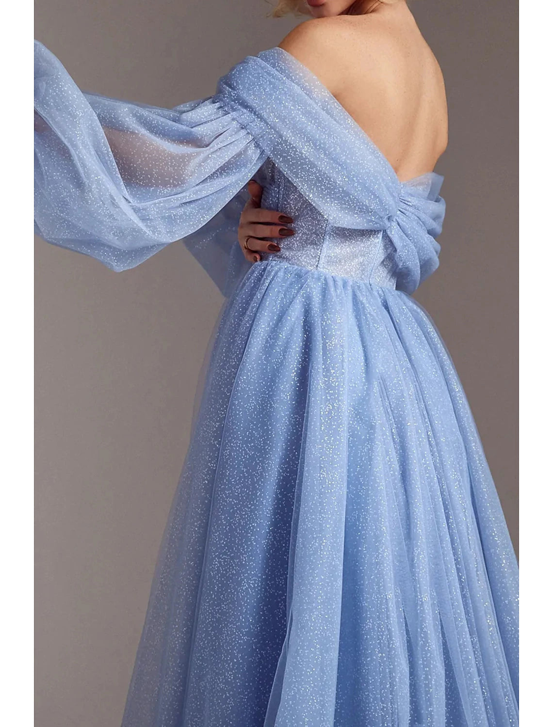 Elegant A-Line Corset Off-Shoulder Long Sleeve Glitter Prom Dress.