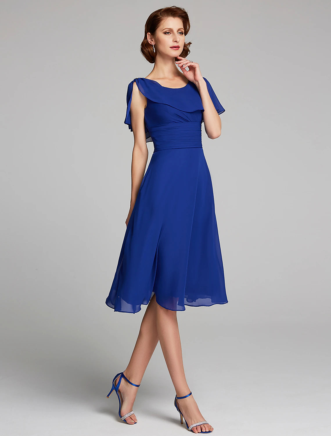 Elegant A-Line Cowl Neck Short Sleeve Ruffled Chiffon Knee Length Mother of the Bride Dress.
