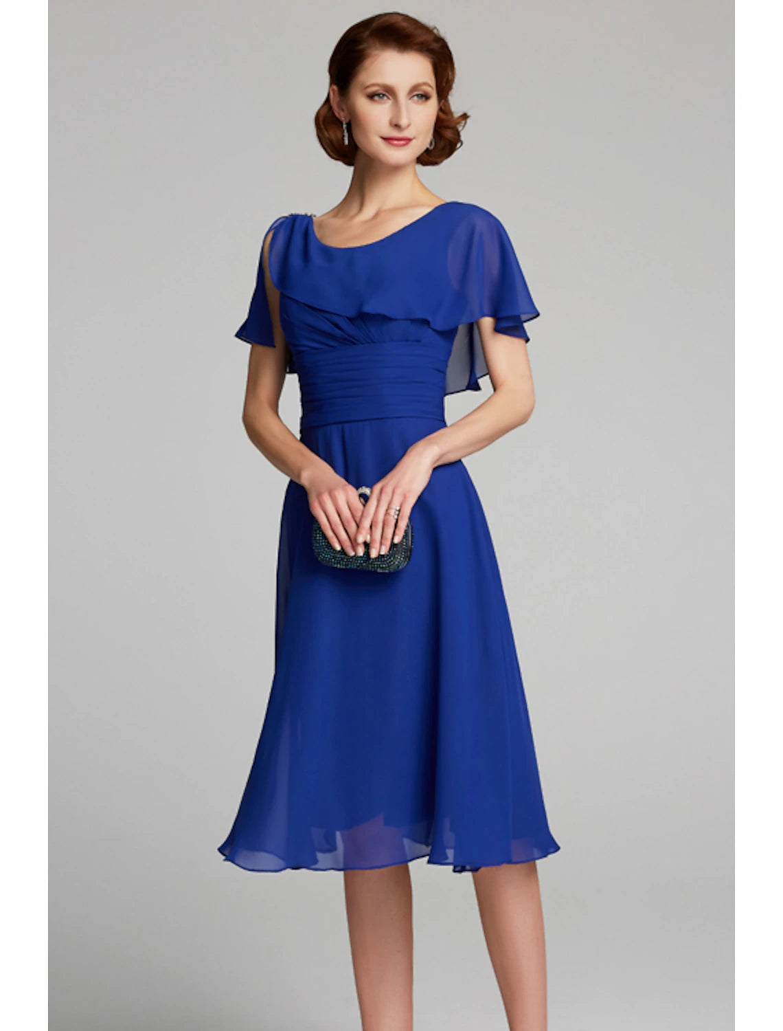 Elegant A-Line Cowl Neck Short Sleeve Ruffled Chiffon Knee Length Mother of the Bride Dress.