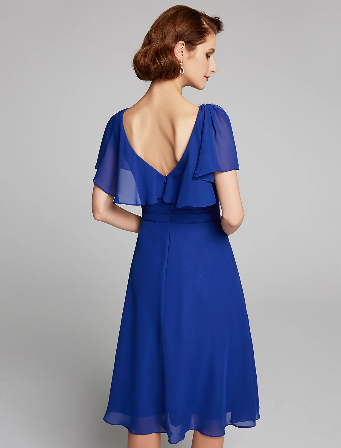 Elegant A-Line Cowl Neck Short Sleeve Ruffled Chiffon Knee Length Mother of the Bride Dress.