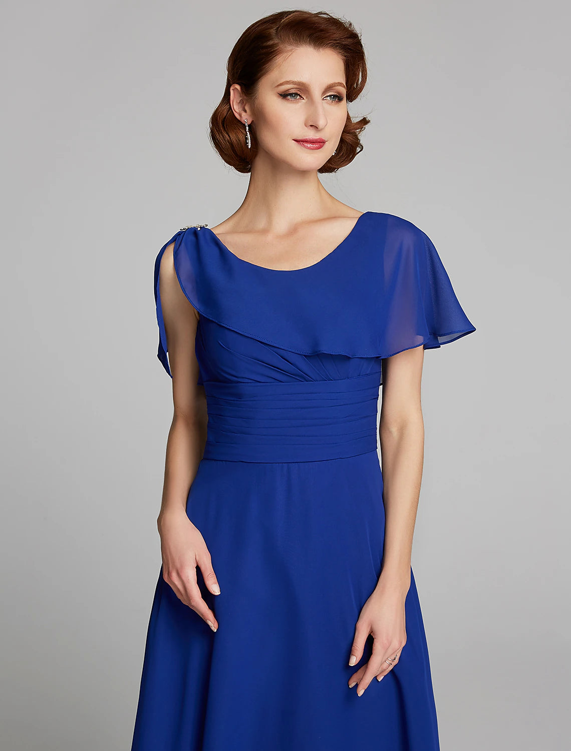 Elegant A-Line Cowl Neck Short Sleeve Ruffled Chiffon Knee Length Mother of the Bride Dress.