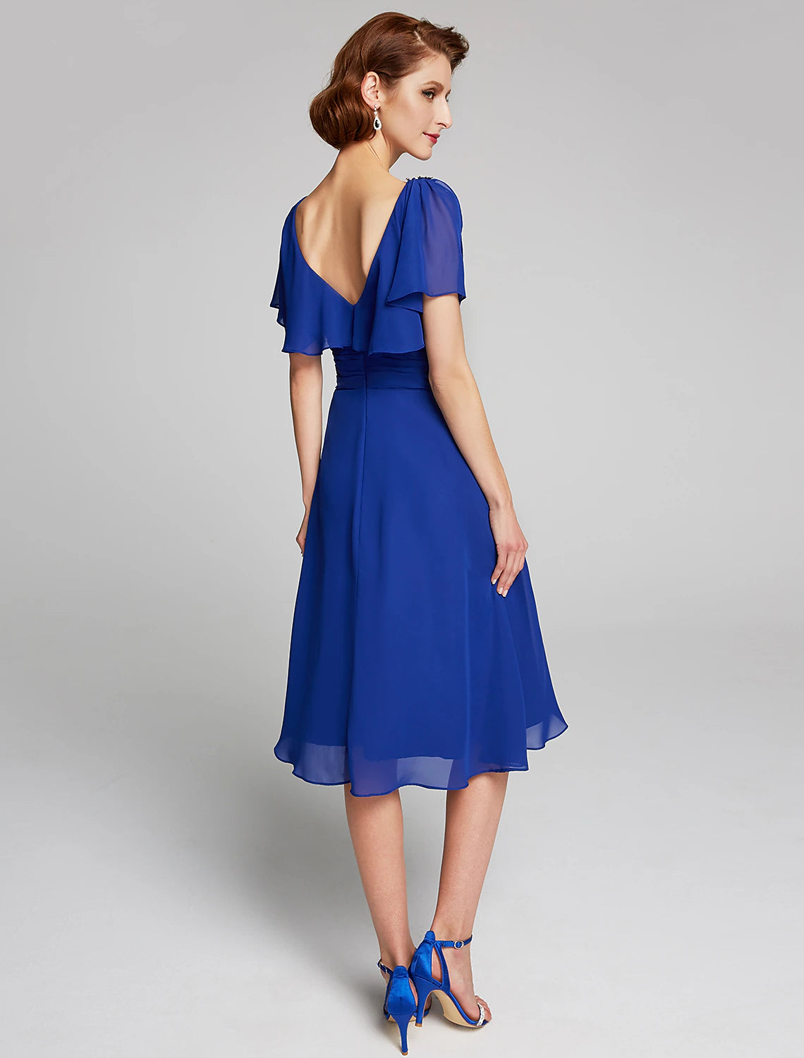 Elegant A-Line Cowl Neck Short Sleeve Ruffled Chiffon Knee Length Mother of the Bride Dress.