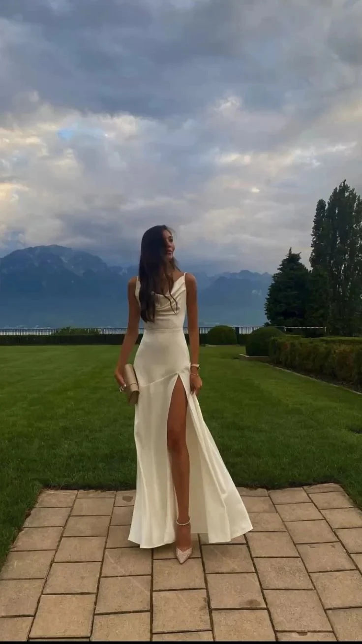 Elegant A-Line Cowl Neck Sleeveless Open Back High-Slit Floor-Length Evening Dress