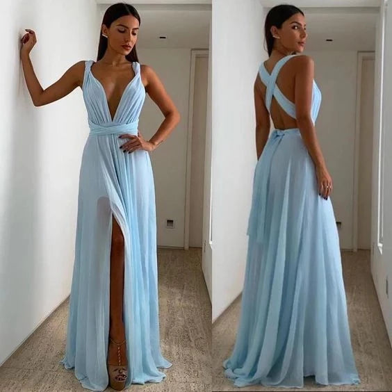 Elegant A-Line Deep V-Neck Crisscross-Back Ruched-Waist Chiffon-Slit Floor-Length Prom Dress
