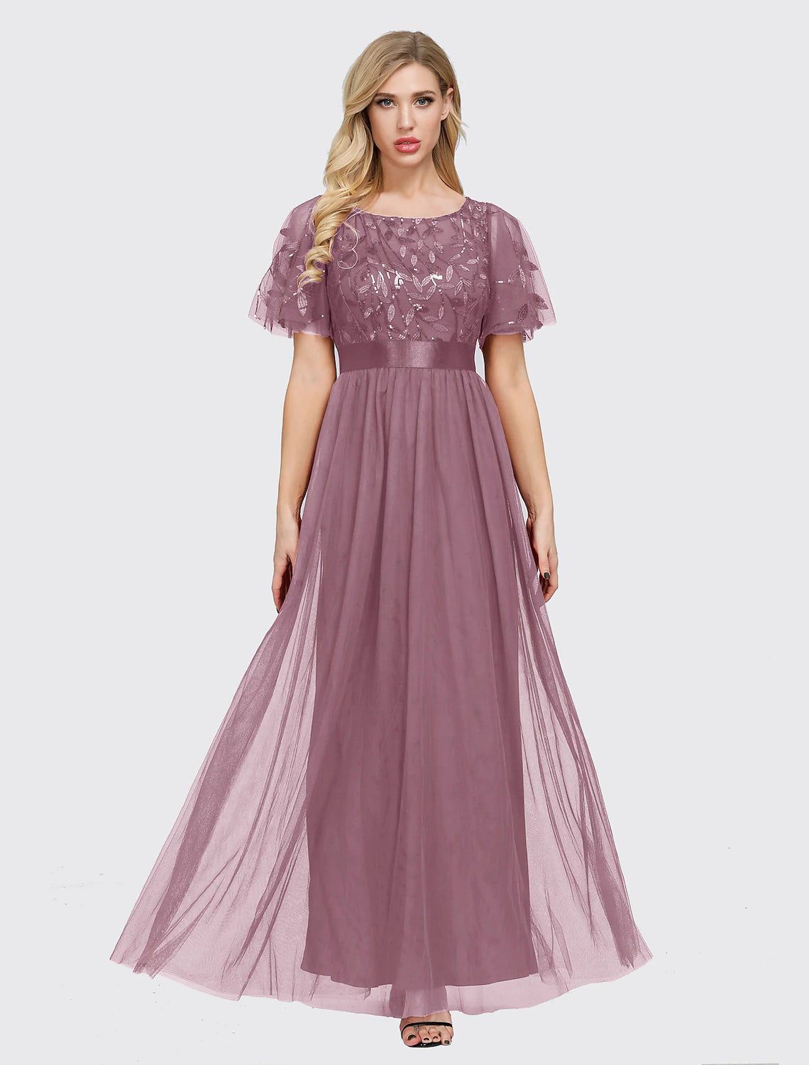Full view of the elegant short sleeve embroidered prom dress.