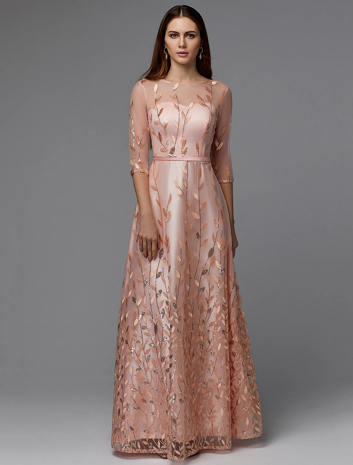 Elegant A-Line Floral Lace Illusion Neck 3/4 Sleeve Floor Length Dress.