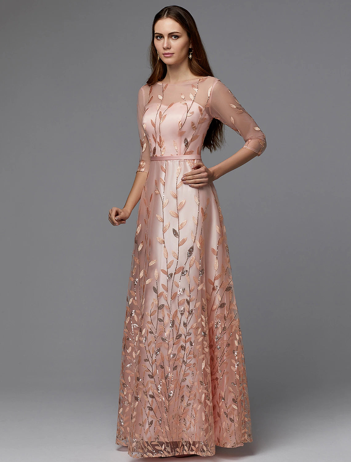 Elegant A-Line Floral Lace Illusion Neck 3/4 Sleeve Floor Length Dress.