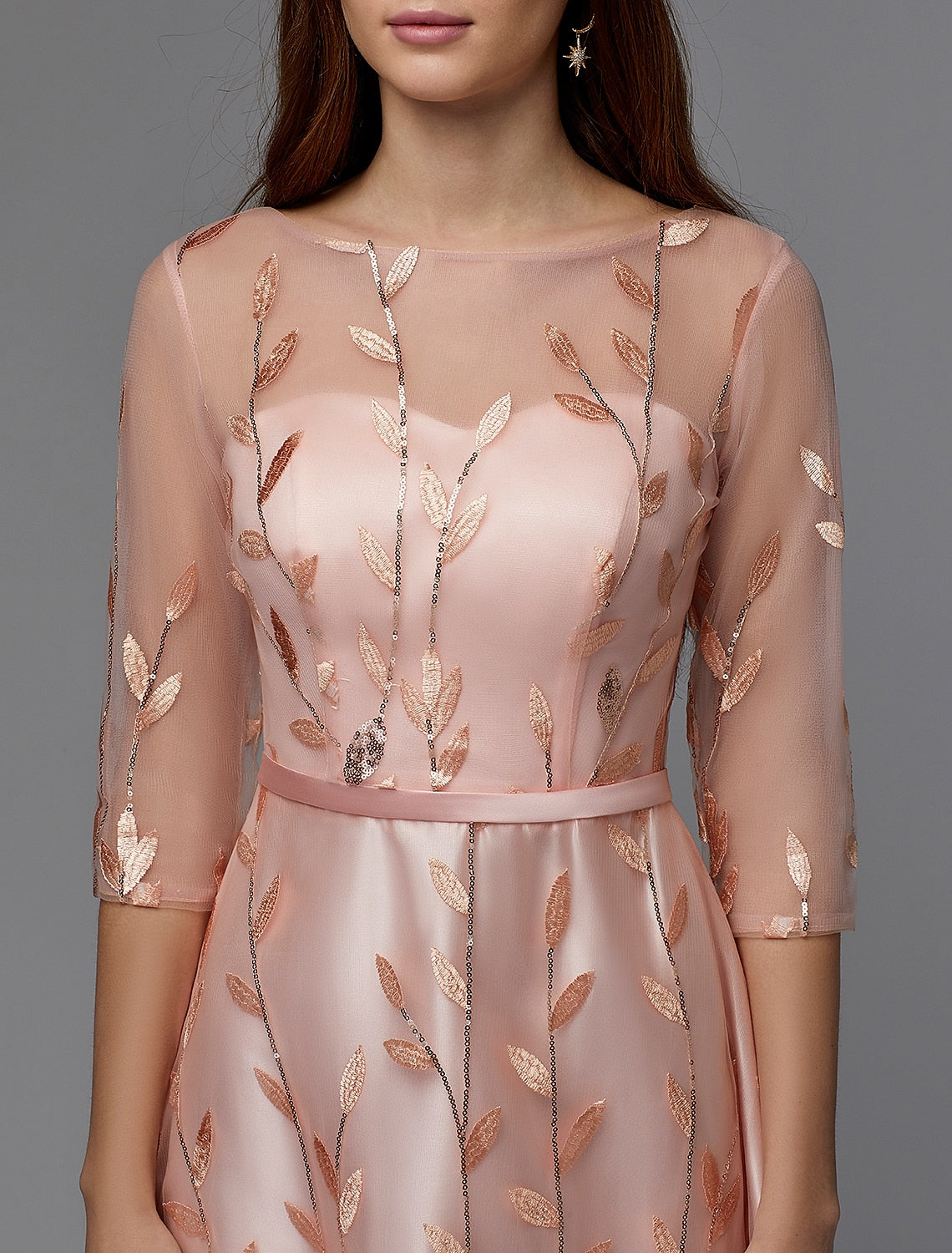 Elegant A-Line Floral Lace Illusion Neck 3/4 Sleeve Floor Length Dress.