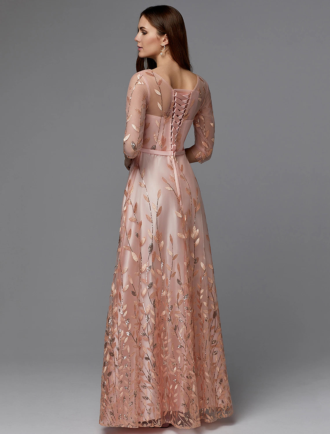 Elegant A-Line Floral Lace Illusion Neck 3/4 Sleeve Floor Length Dress.