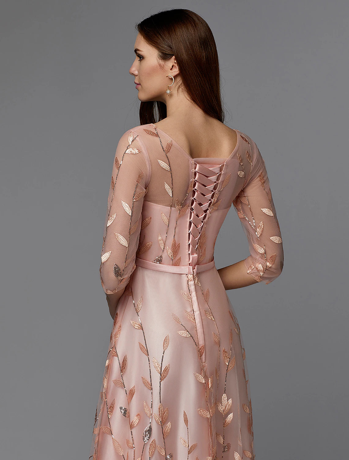 Elegant A-Line Floral Lace Illusion Neck 3/4 Sleeve Floor Length Dress.