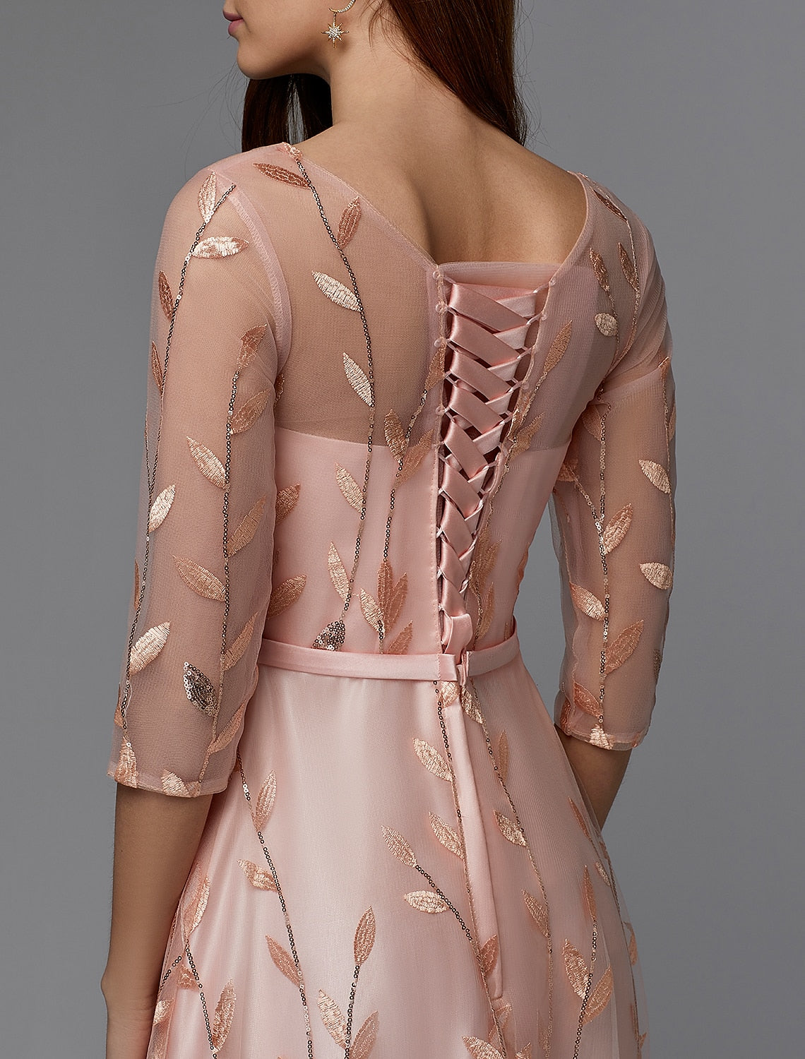 Elegant A-Line Floral Lace Illusion Neck 3/4 Sleeve Floor Length Dress.