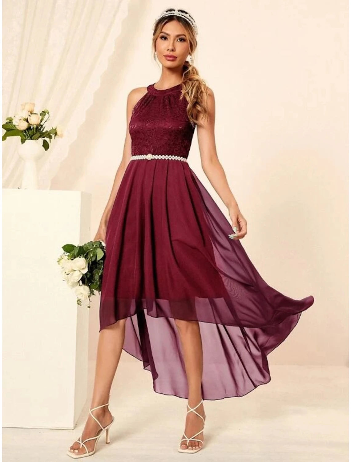 Elegant A-Line Halter Neck Asymmetrical Pleated Cocktail Party Dress.