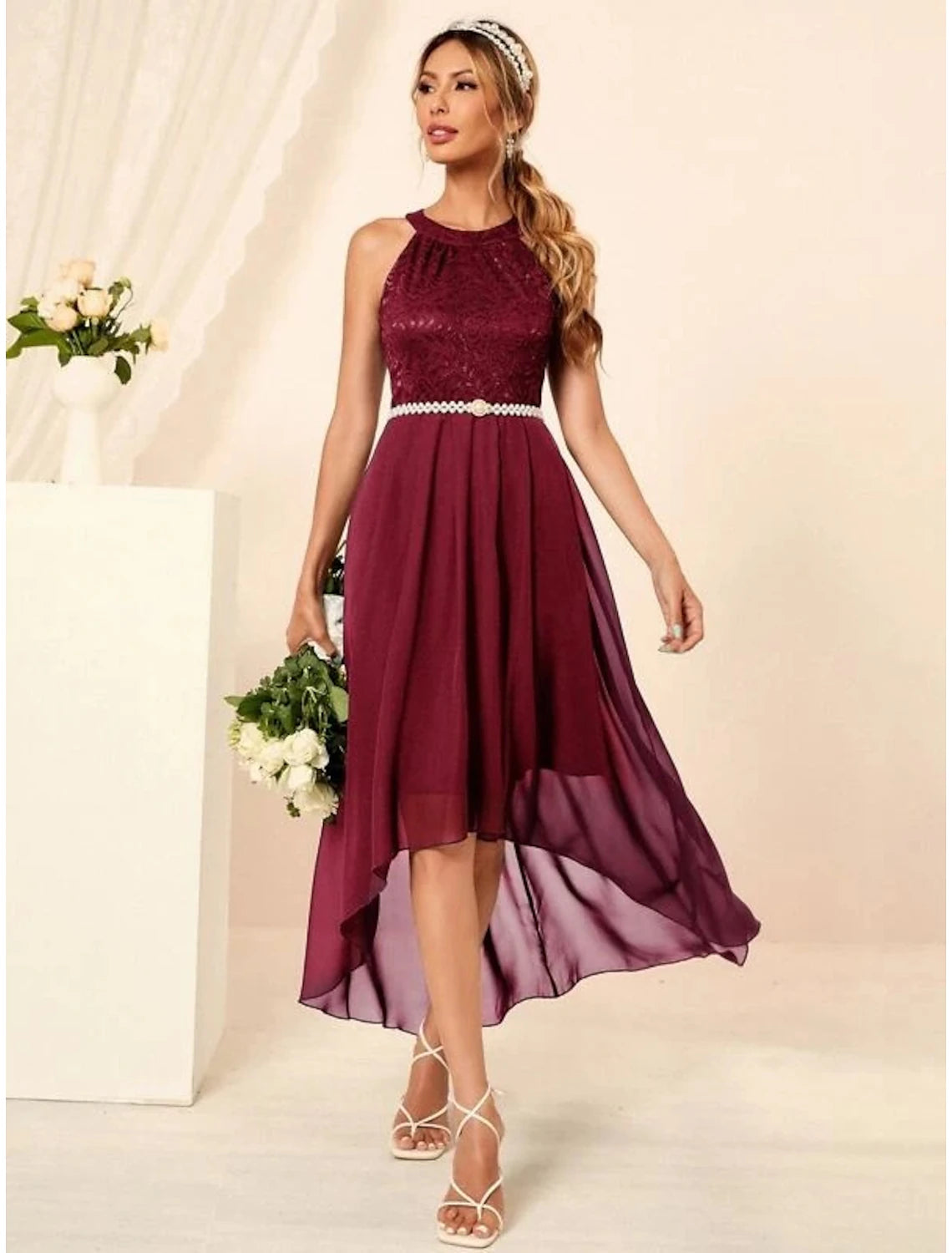 Elegant A-Line Halter Neck Asymmetrical Pleated Cocktail Party Dress.