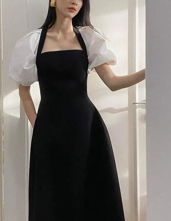 Elegant A-Line Halter-Neck Puff-Sleeve Cutout-Back Midi-Length Evening Dress